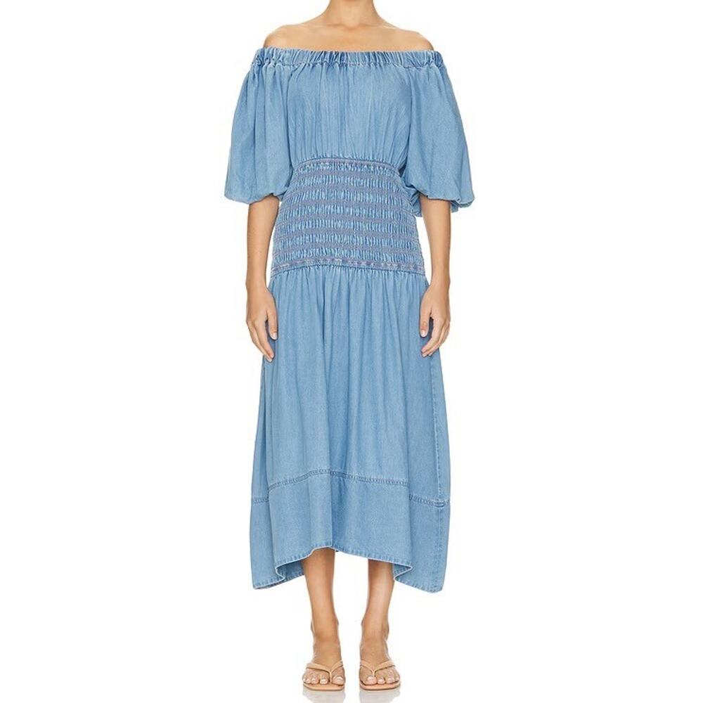 Misa Los Angeles Dress Womens Medium Blue Denim Smocked Puff Sleeve Midi NWT - Picture 4 of 11